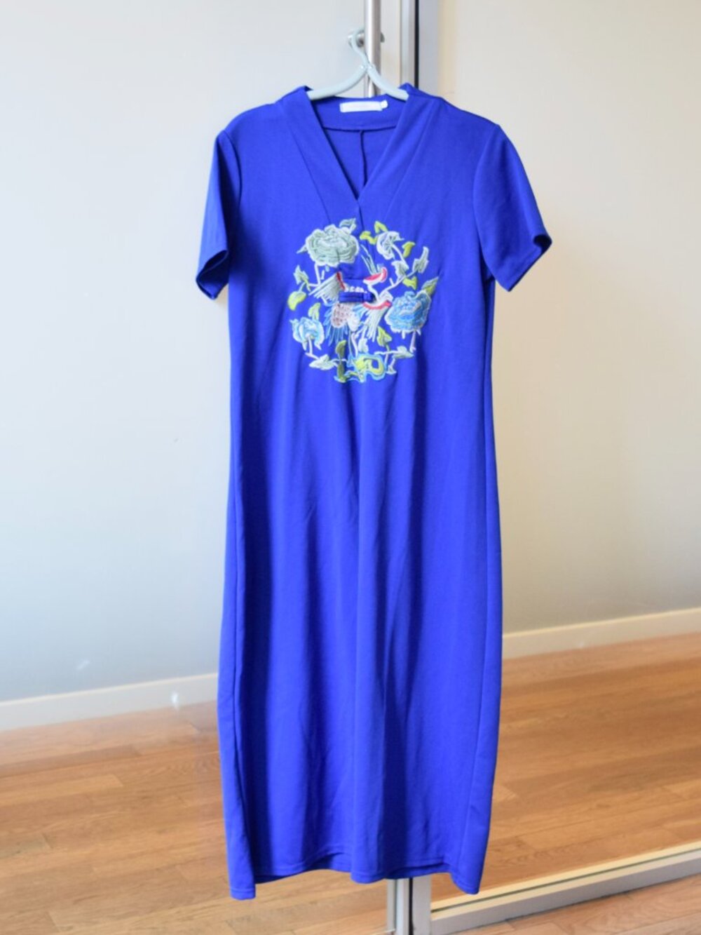 Blue Flora Embroidered V Neck Dress